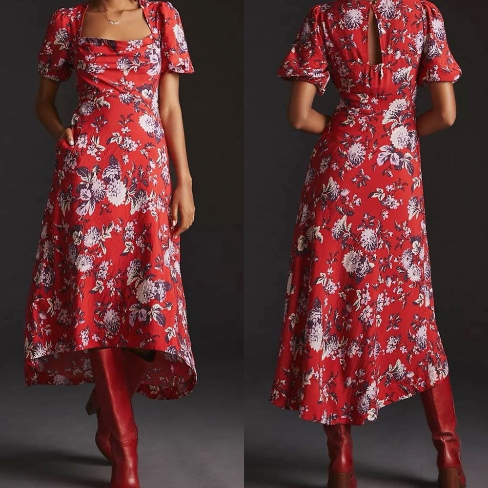Anthropologie Maeve Red Floral Puff Sleeve Prairie Dress